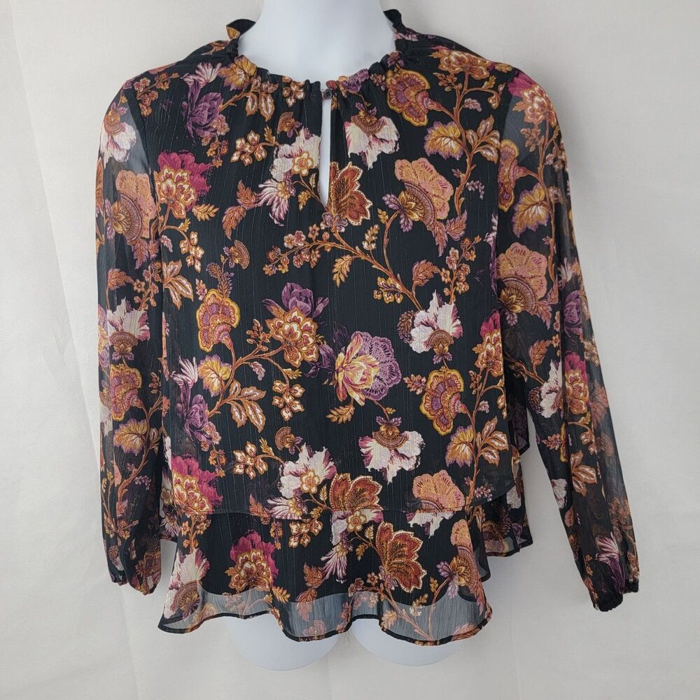 Black Label EVAN PICONE Womens Blouse Sz L Dark Floral Autumnal Whimsigoth Sheer